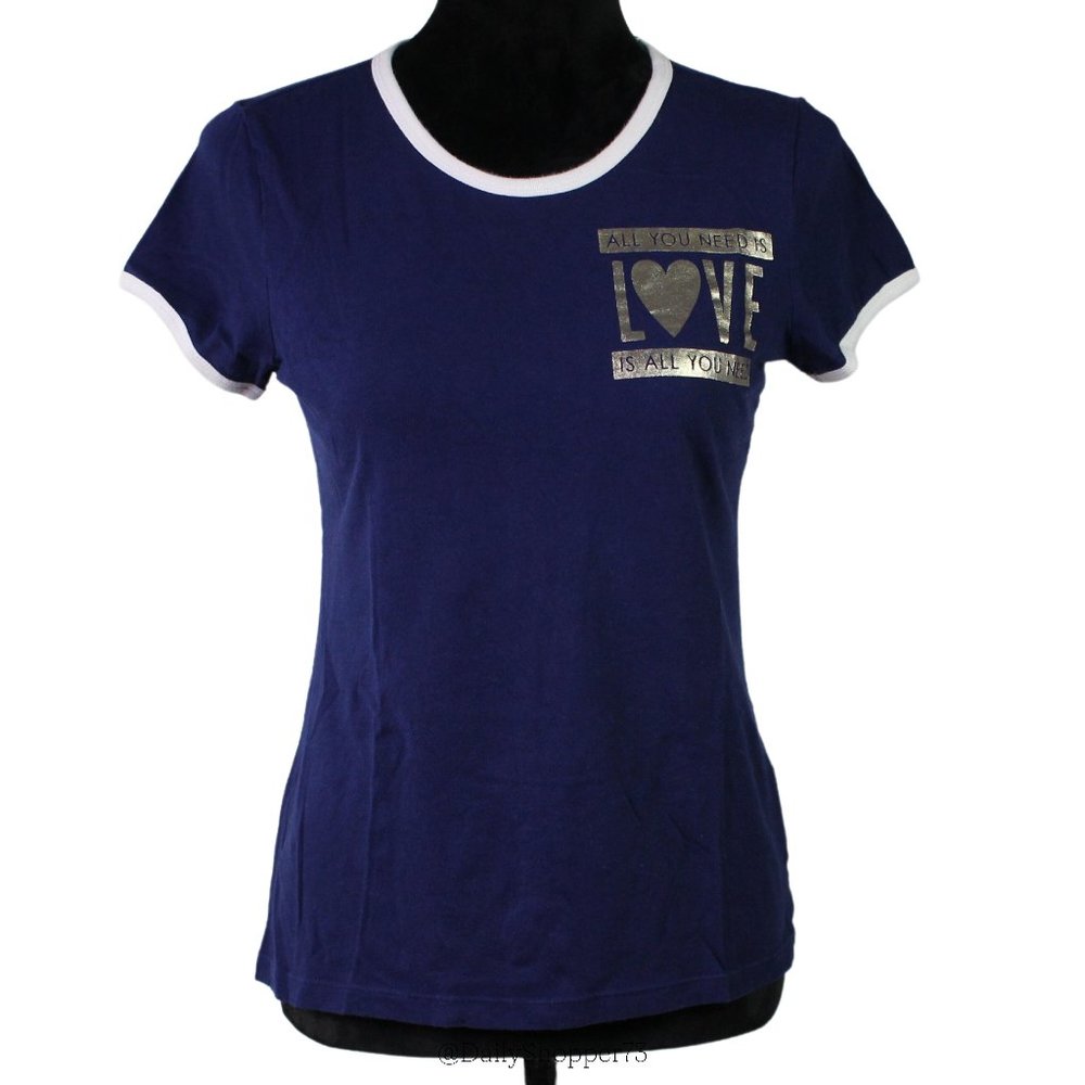 Justice Girls' Cotton Navy Blue White Trim "All You Need Is Love" Gold Foil Tee